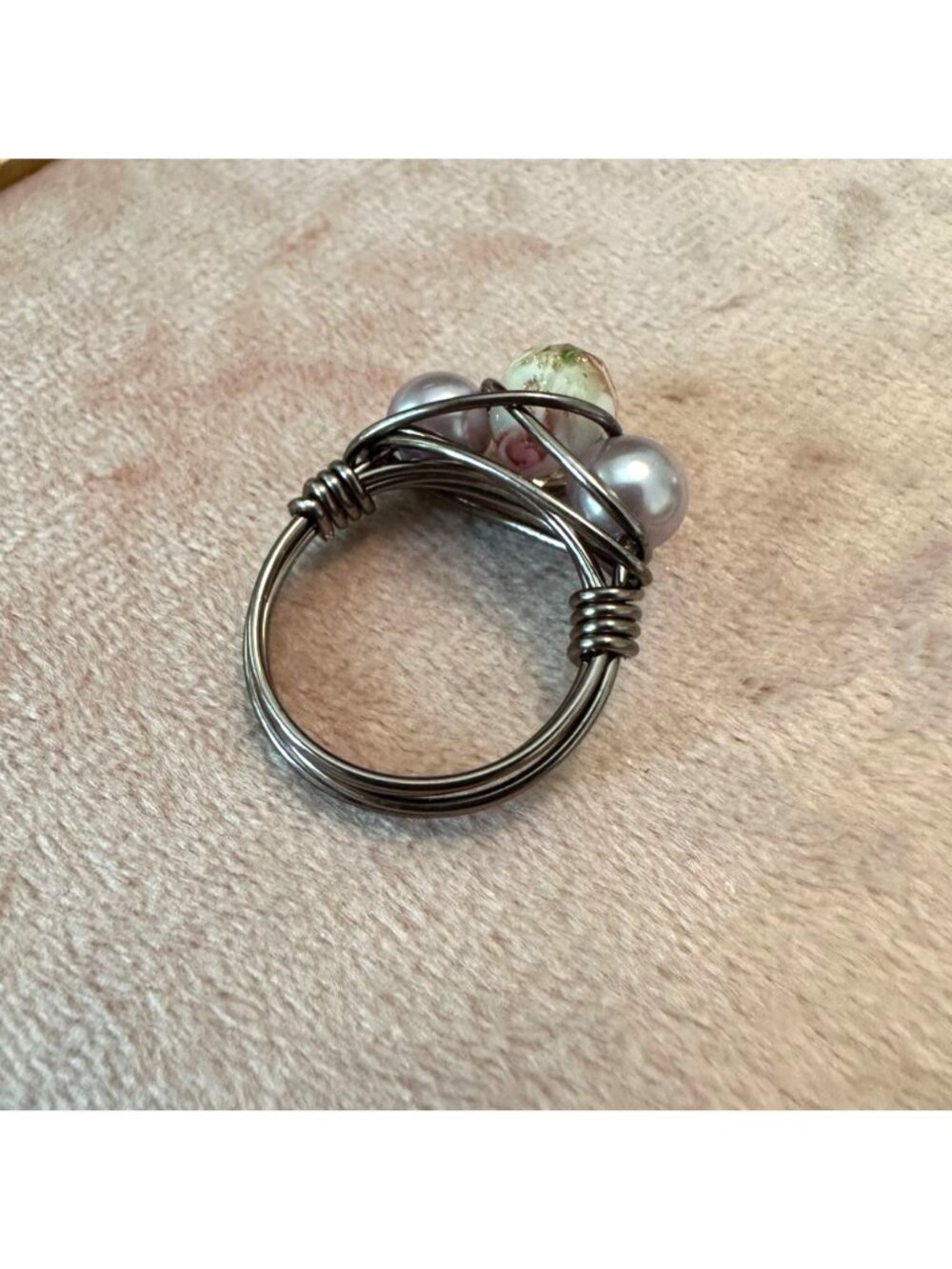 Handmade Wire Wrapped Ring Lampwork Bead & Purple Glass Pearls Gunmetal Sz 5 1/4 - Picture 4 of 10